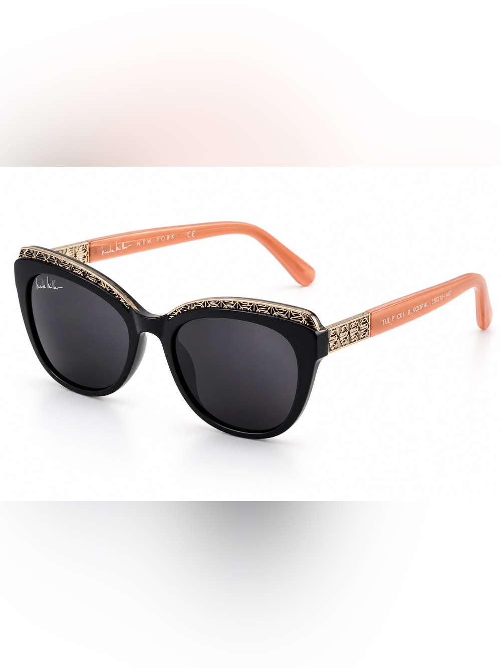 Nicole Miller Tulip Black Coral Cat Eye Sunglasses Gold Filigree
